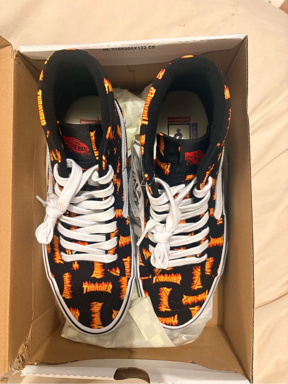 Vans Sk8-Hi Thrasher Flame Logo High Tops - Black/Orange/White